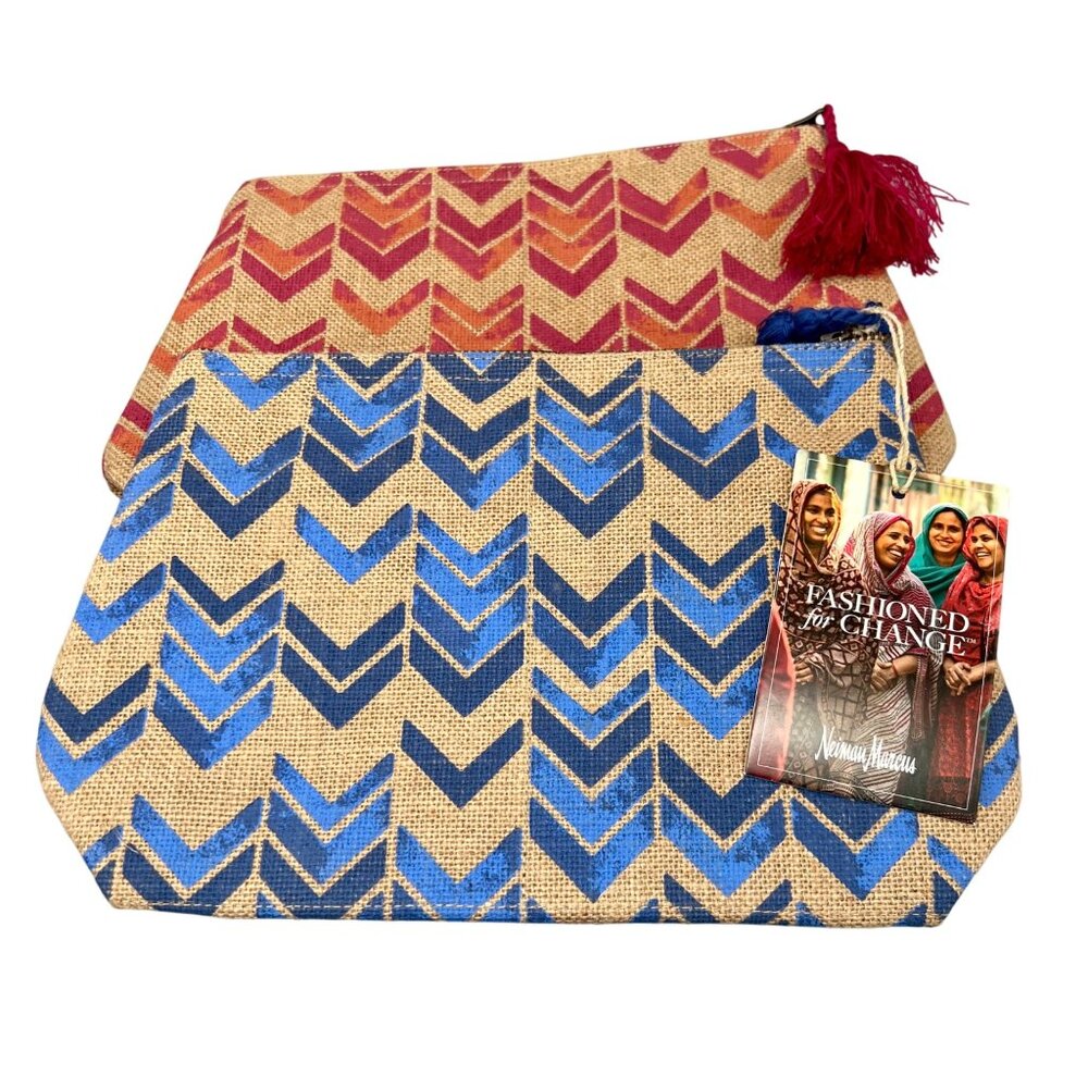 Neiman Marcus Fashioned For Change Clutch/Makeup Bag Set Blue & Pink Chevron